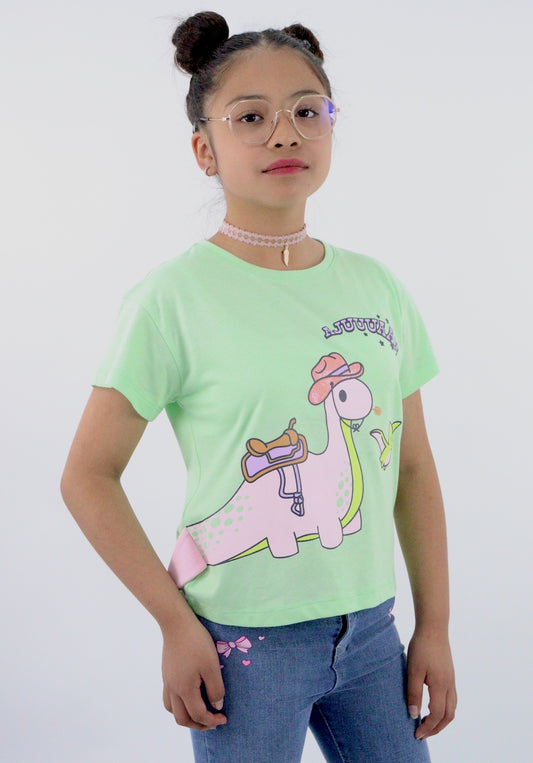Playera manga corta de color verde con diseño de dinosaurio