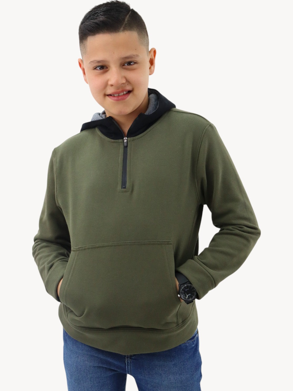 Sudadera con capucha y cremallera verde miitar