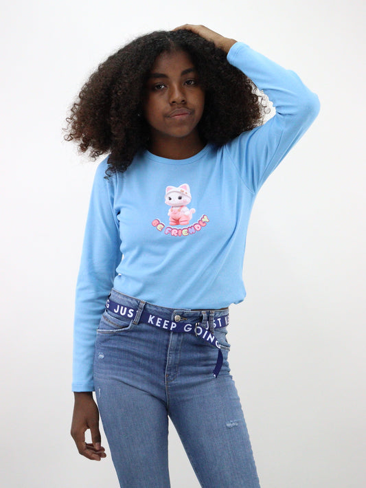 Playera manga larga de color azul con estampado de gato