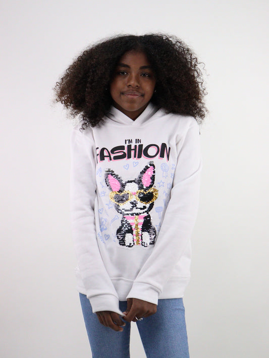 Sudadera cerrada de color blanco con lentejuela reversible