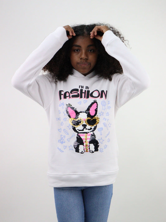 Sudadera cerrada de color blanco con lentejuela reversible