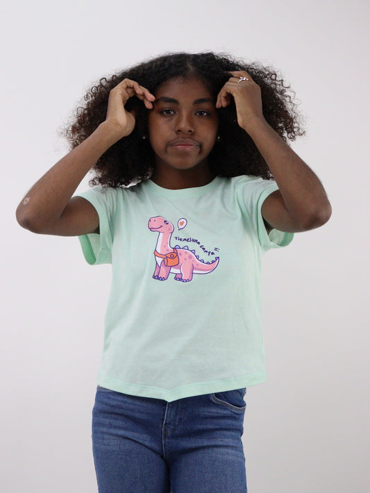 Playera manga corta de color verde con estampado de dinosaurio