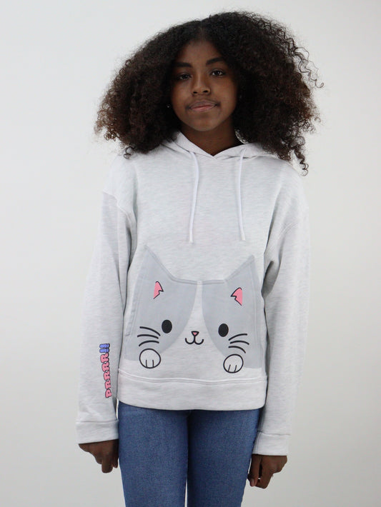 Sudadera con capucha color gris jaspe con estampado de gato