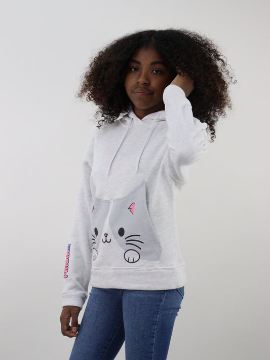Sudadera con capucha color gris jaspe con estampado de gato
