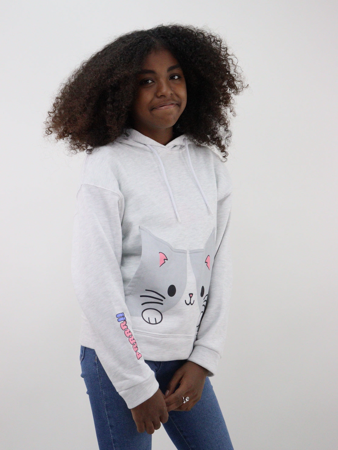 Sudadera con capucha color gris jaspe con estampado de gato