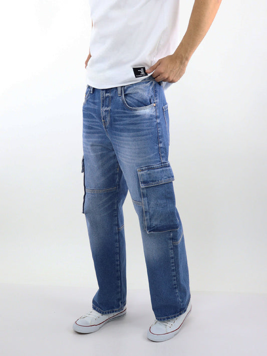 Jeans baggy cargo de color azul medio