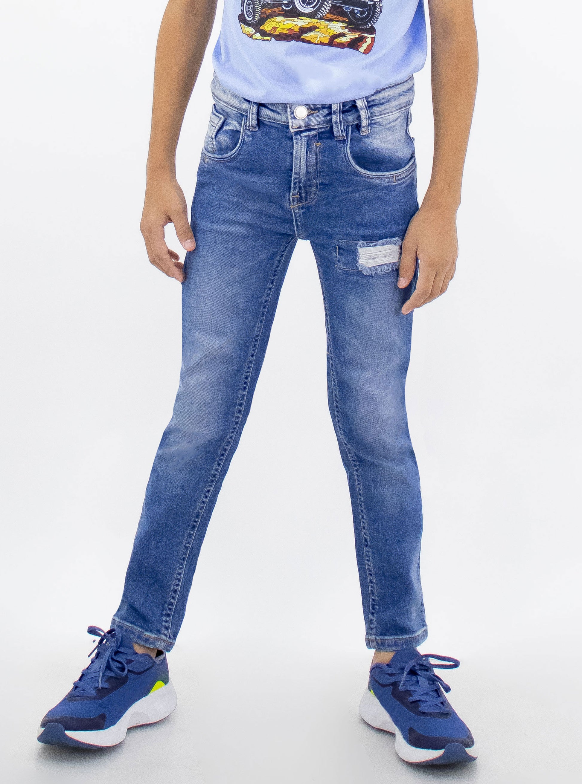 Jeans skinny de mezclilla stretch color azul medio con destrucción –  COMFORT JEANS