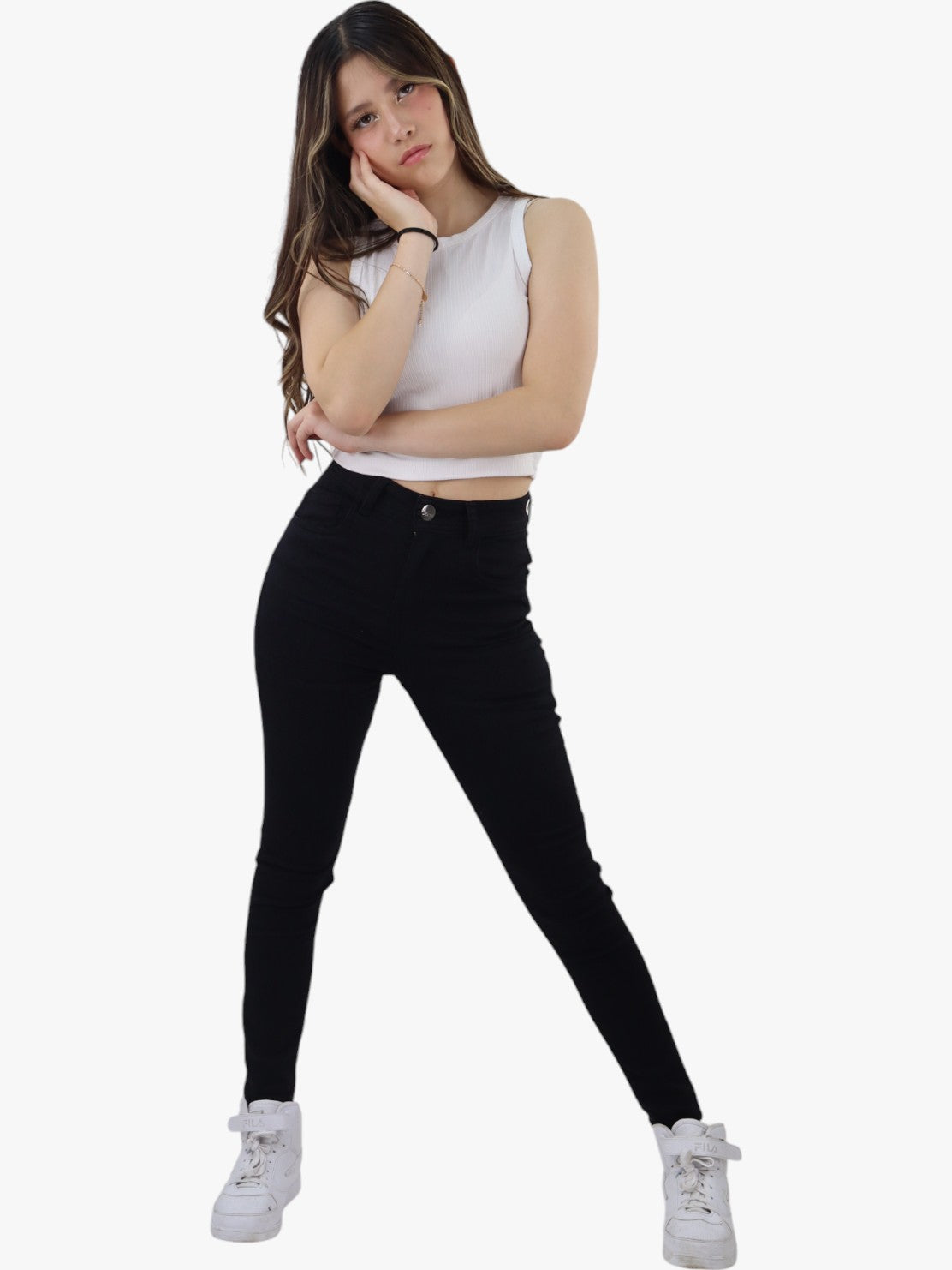 Jeans skinny tiro alto negro
