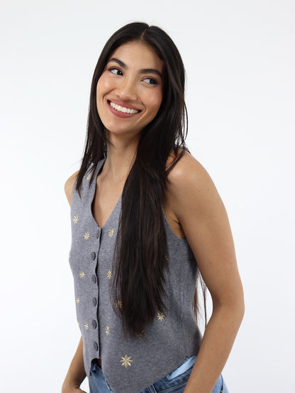 Chaleco gris en cuello V con detalle floral