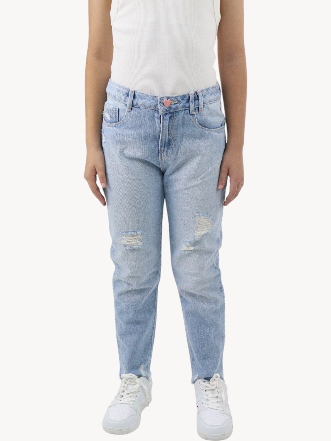 Jeans mom clasic de color azul claro con destrucción
