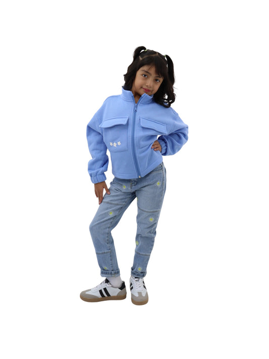 Sudadera azul con estampado floral