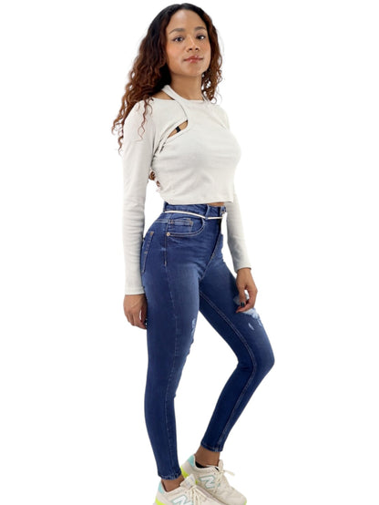 Jeans skinny tiro alto con destrucción