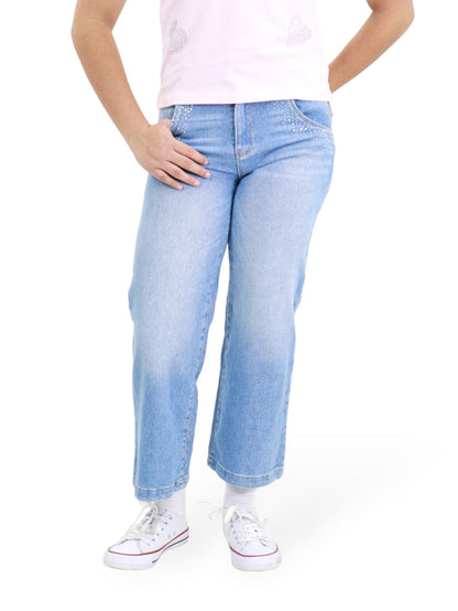 Jeans Wide Leg Con Pedrería