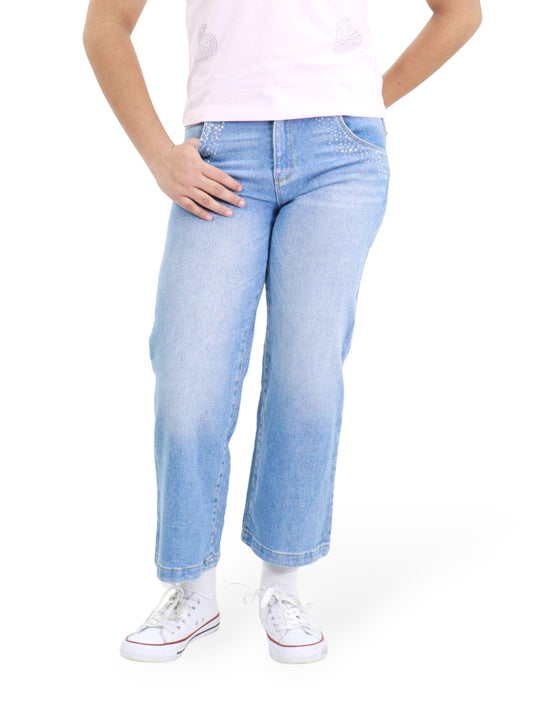 Jeans Wide Leg Con Pedrería