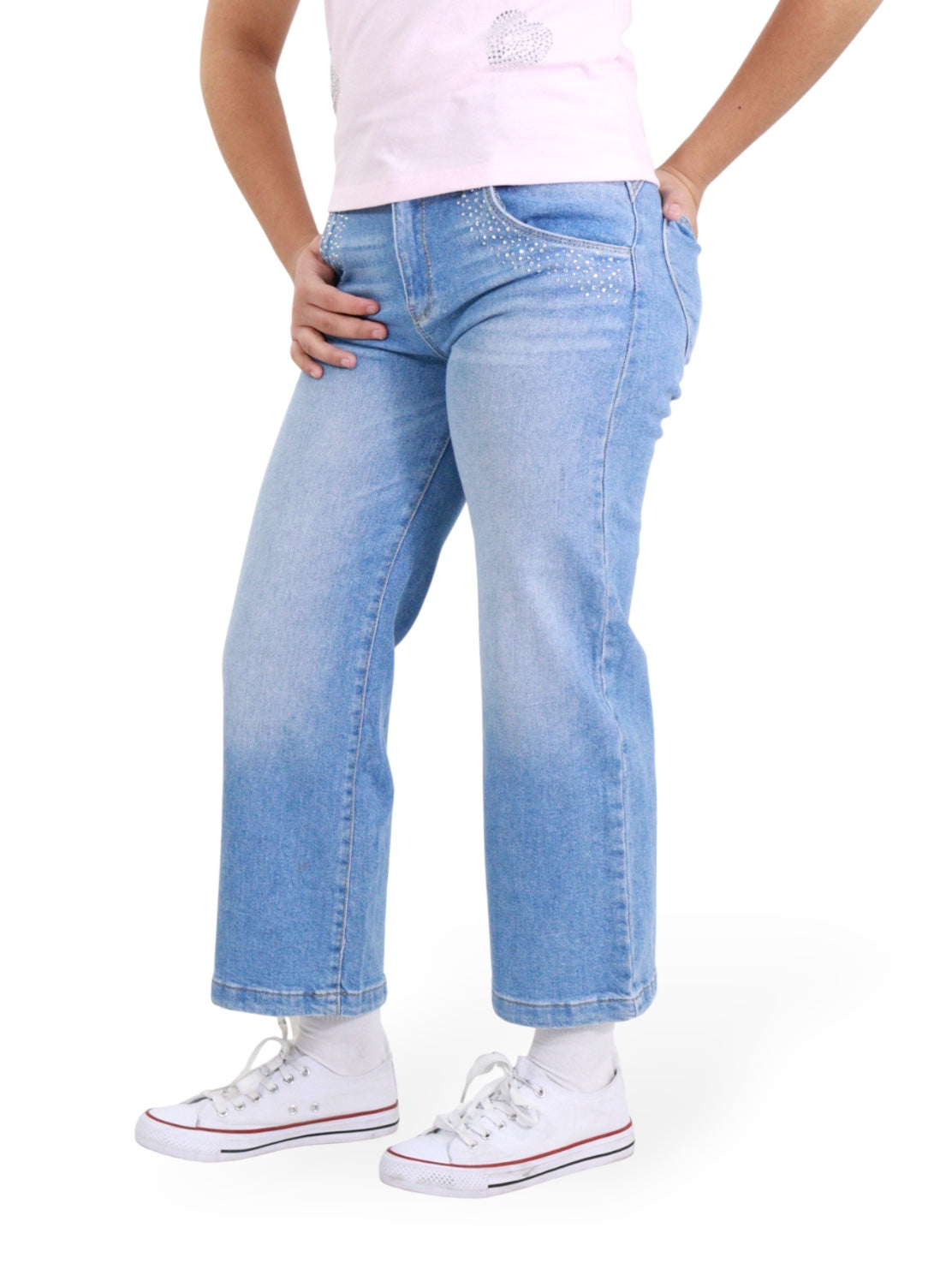 Jeans Wide Leg Con Pedrería