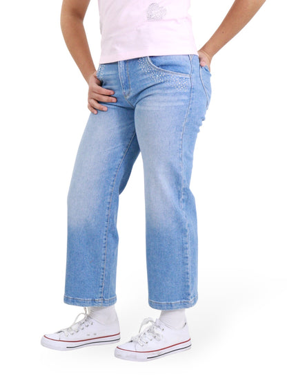 Jeans Wide Leg Con Pedrería