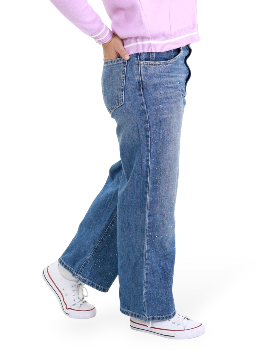 Jeans Wide Leg Con Pedrería