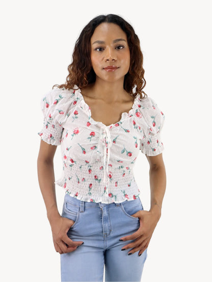 Blusa corta con estampado floral de manga farol con nudo delantero