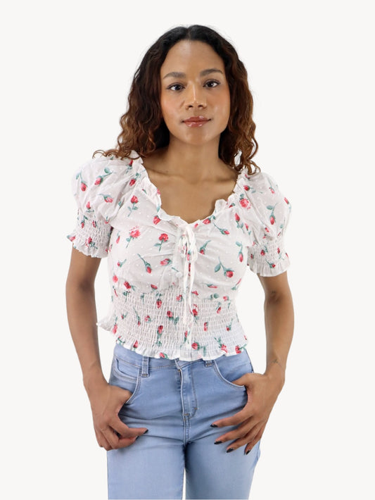 Blusa corta con estampado floral de manga farol con nudo delantero