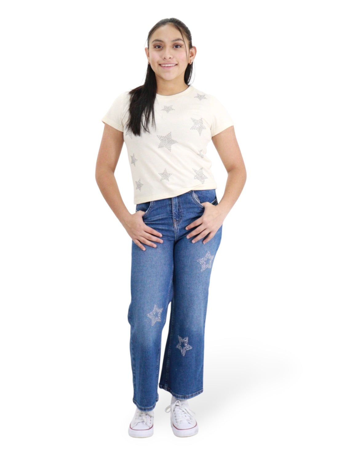 Jeans Wide Leg Con Pedrería