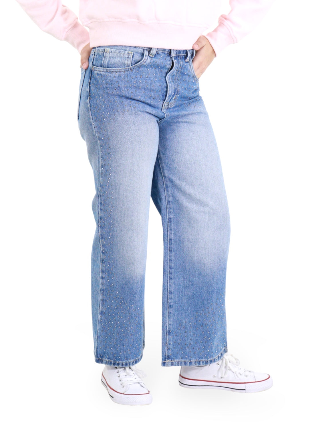 Jeans Wide Leg Con Pedrería