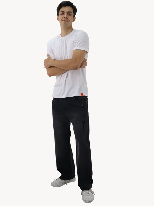 Jeans baggy de mezclilla rígida color negro deslavado