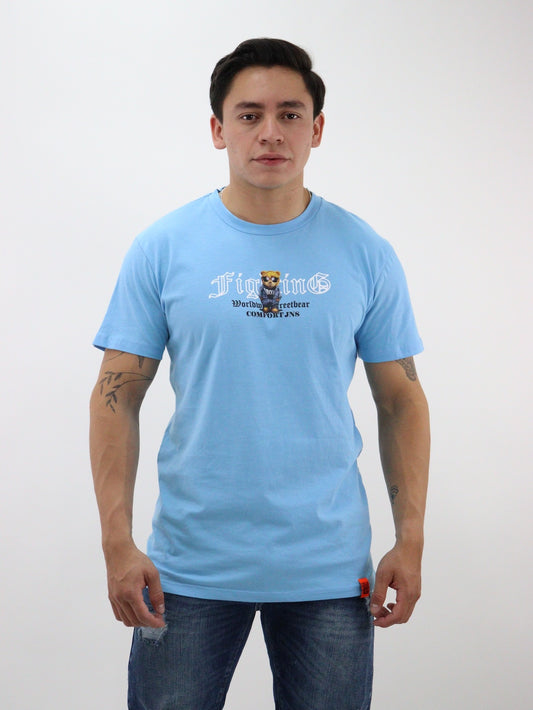 Playera color azul con gráfico de oso
