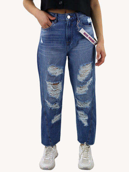 Jeans mom amplio azul medio con destrucción