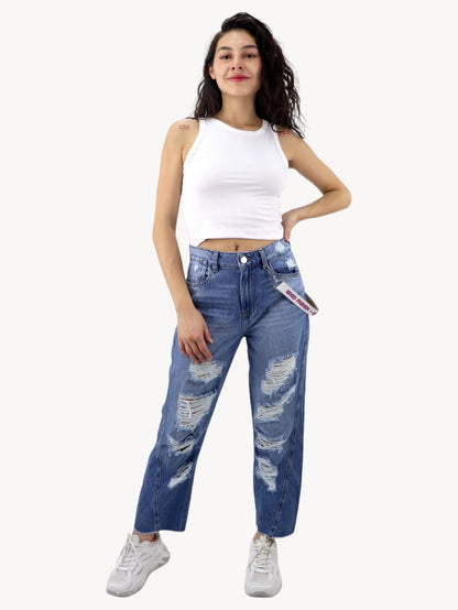 Jeans mom amplio azul medio con destrucción