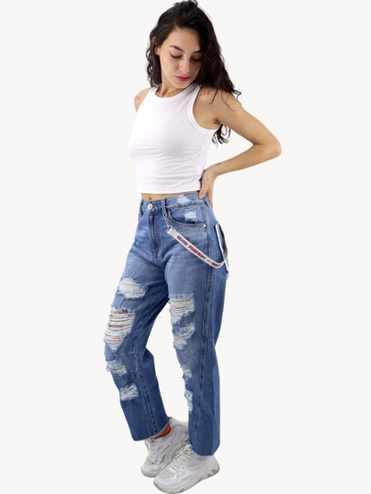 Jeans mom amplio azul medio con destrucción