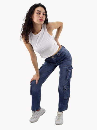Jeans baggy-cargo de color azul oscuro