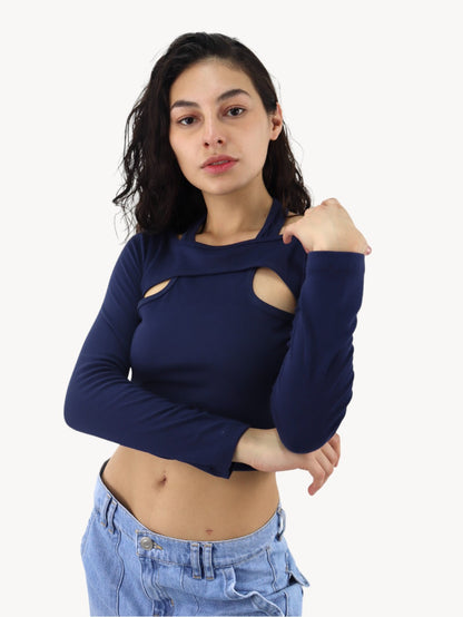 Playera descubierta cuello alto azul marino