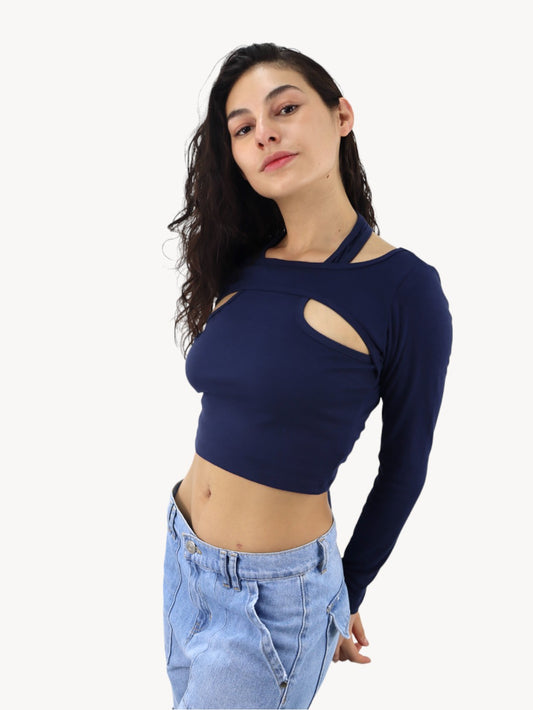 Playera descubierta cuello alto azul marino