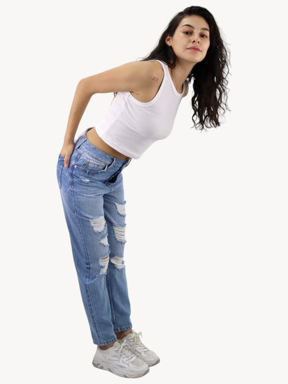 Jeans mom clasic con destrucción