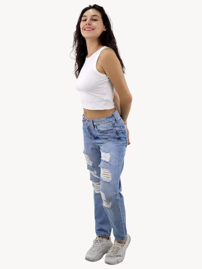 Jeans mom clasic con destrucción