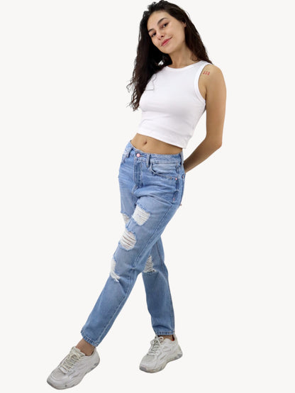 Jeans mom clasic con destrucción