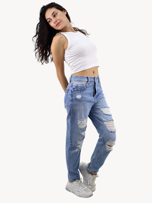 Jeans mom clasic con destrucción