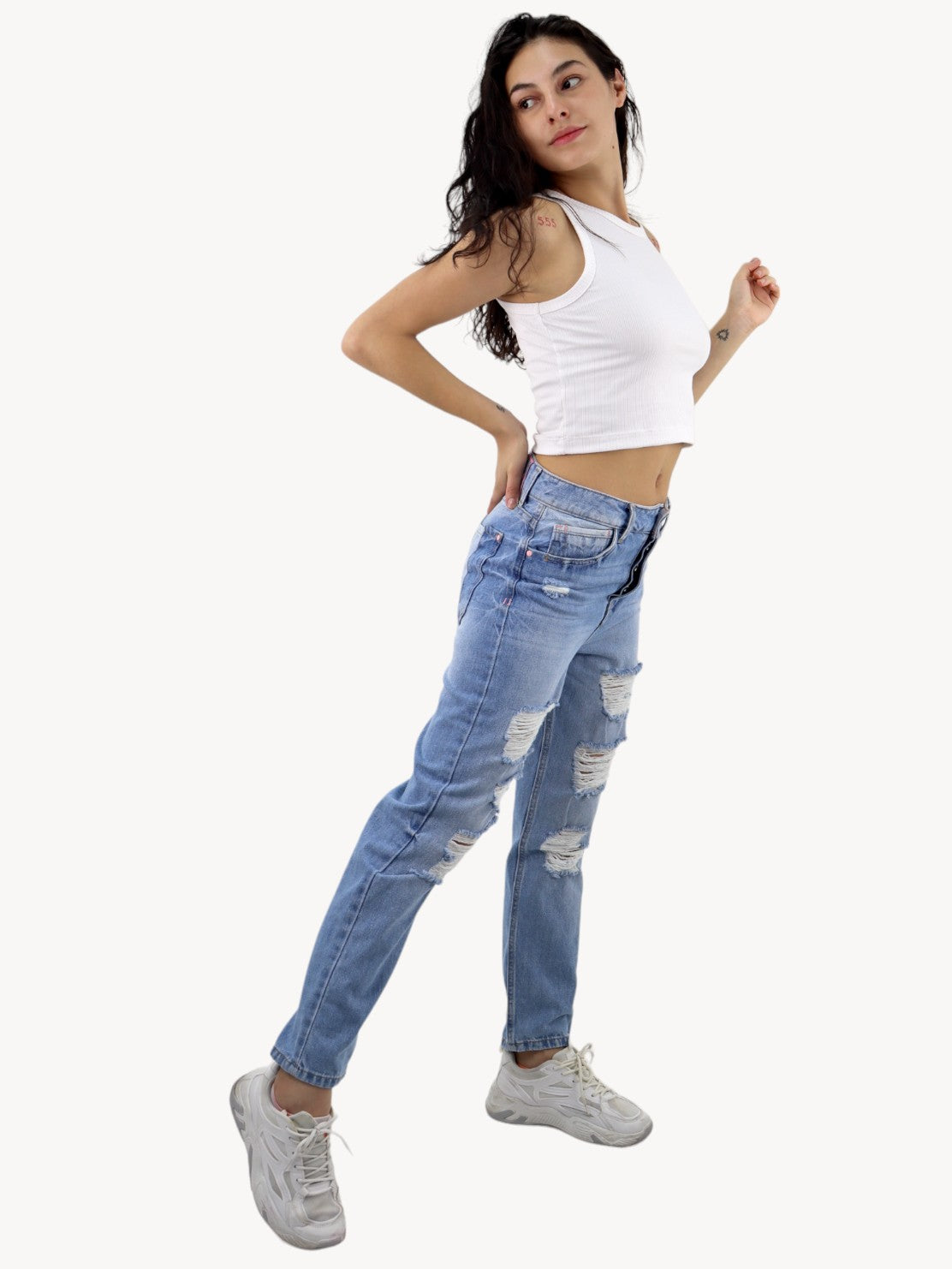 Jeans mom clasic con destrucción