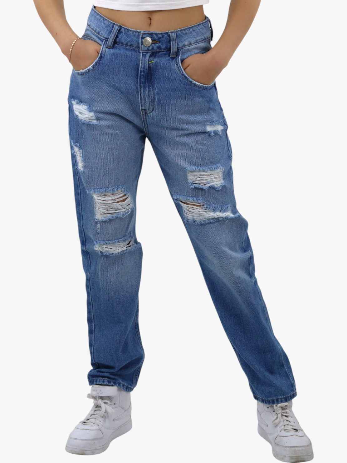 Jeans mom clasic con destrucción