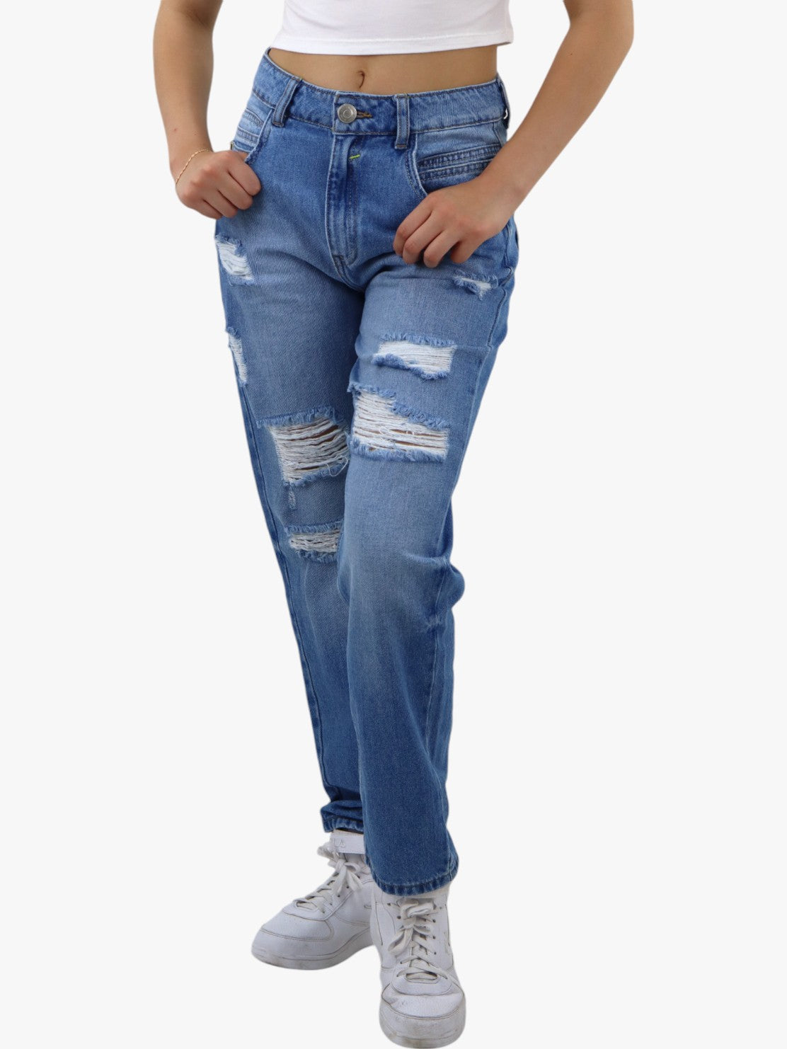 Jeans mom clasic con destrucción