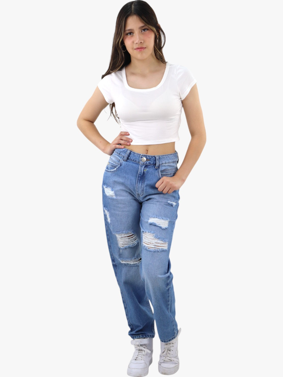 Jeans mom clasic con destrucción