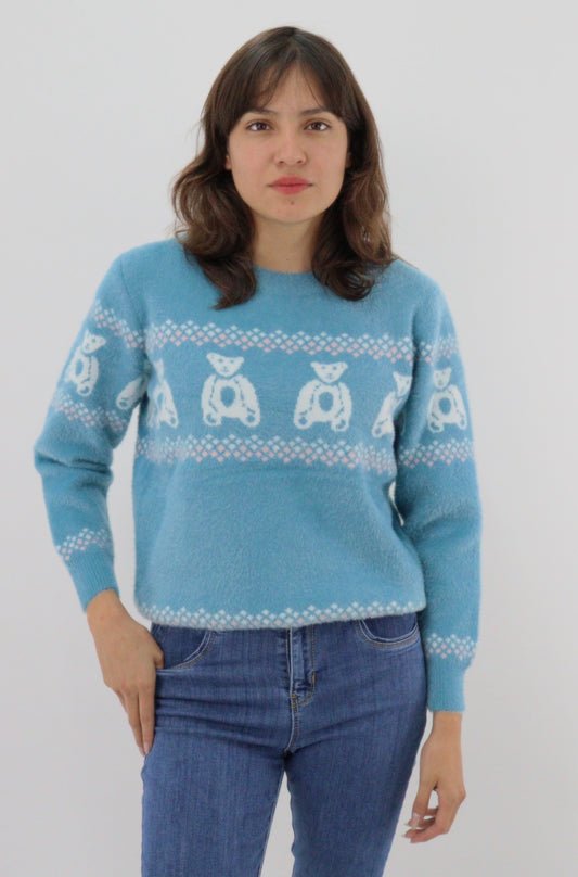 Suéter cerrado de color azul con print de osos
