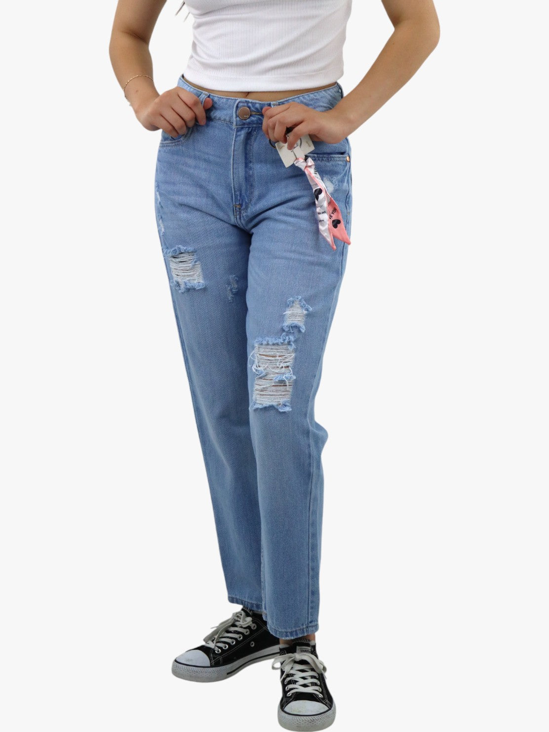 Jeans mom clasic con destrucción azul claro