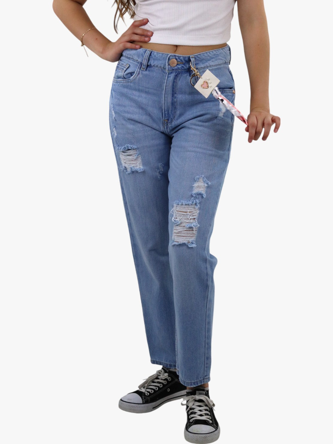Jeans mom clasic con destrucción azul claro