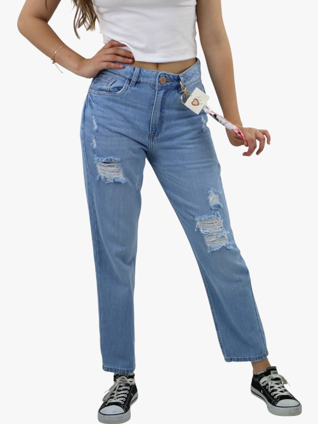 Jeans mom clasic con destrucción azul claro