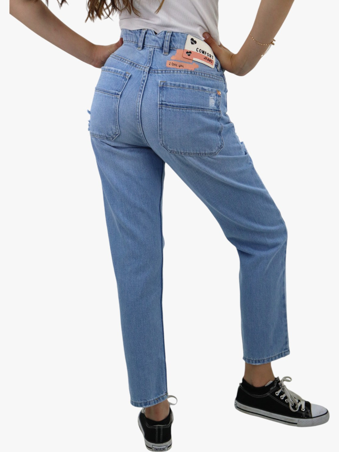 Jeans mom clasic con destrucción azul claro