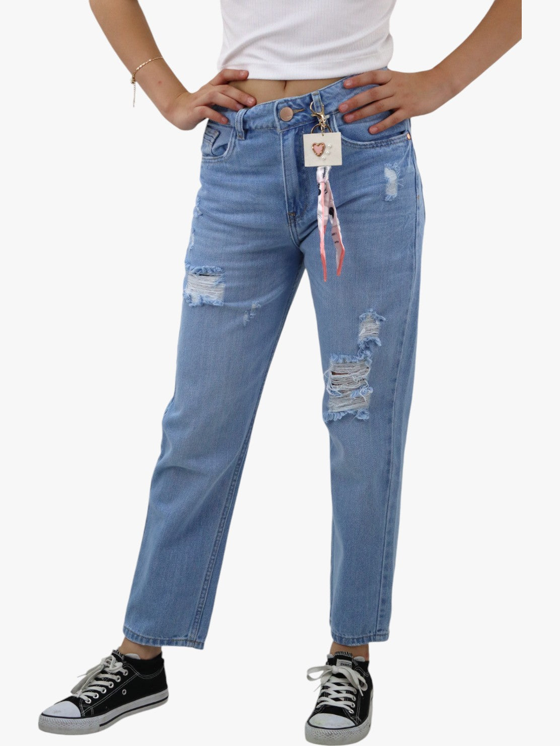 Jeans mom clasic con destrucción azul claro