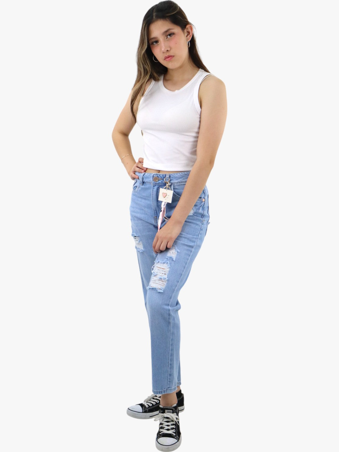 Jeans mom clasic con destrucción azul claro