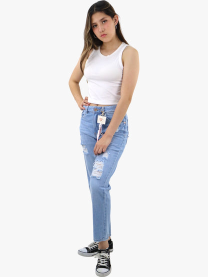 Jeans mom clasic con destrucción azul claro