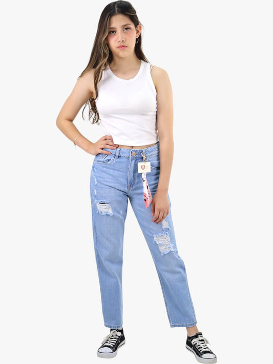 Jeans mom clasic con destrucción azul claro